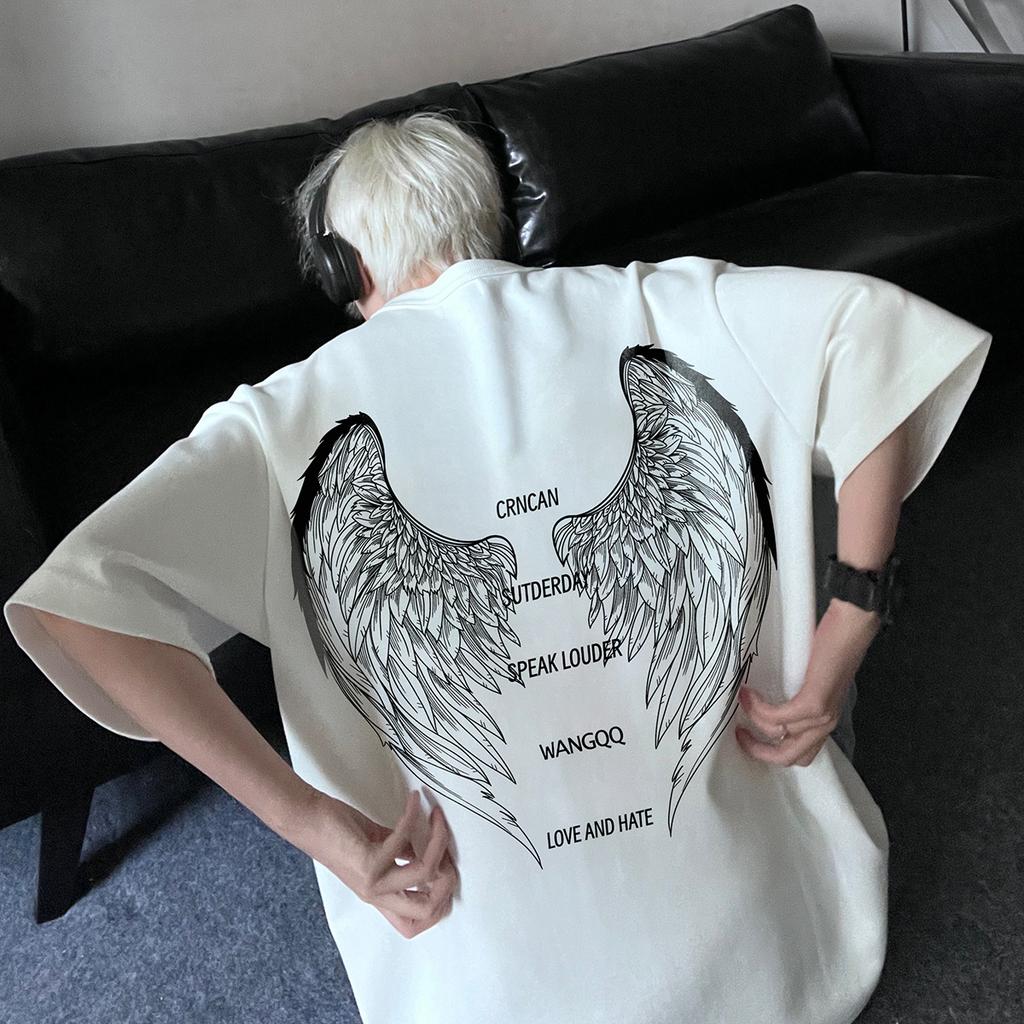 2024 New Angel Wings Print 100% Cotton Short Sleeve T-Shirt Men's Summer Trend High Quality Fashion Top High Street