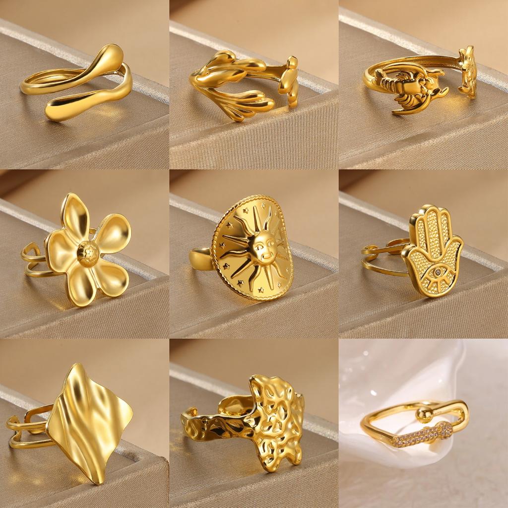 Gold Color Anillos For Women Sun Flower Stainless Steel Open Rings Dailywear Palm Geometric Irregular Jewelry Fashion Punk Gift
