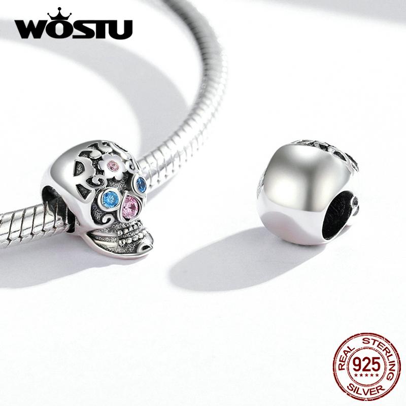 WOSTU 925 Sterling Silver Dark Style Witch Hat Skull Skeleton Spider Cross Charm Charm Beads Fit Original Bracelet DIY Jewelry