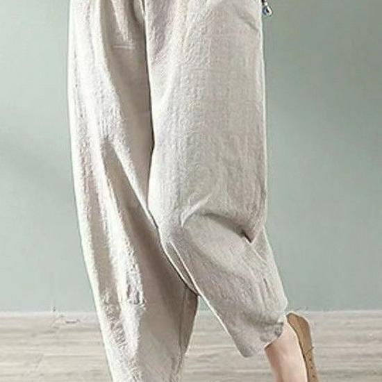 Women's Wide-Leg Cotton Linen Harem Pants - Spring/Autumn Casual Slimming Fit, Nine-Tenths Length, Suitable for Middle-Aged Moms.