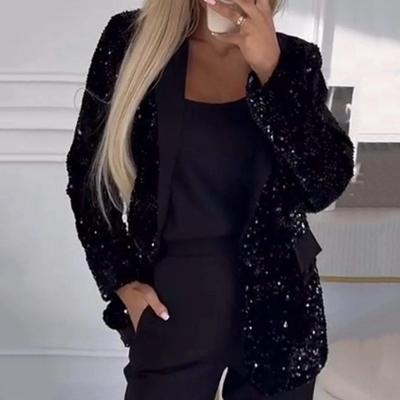 Women Suit Coat Lapel Long Sleeve Button Suit Jacket Glitter Sequins Autumn