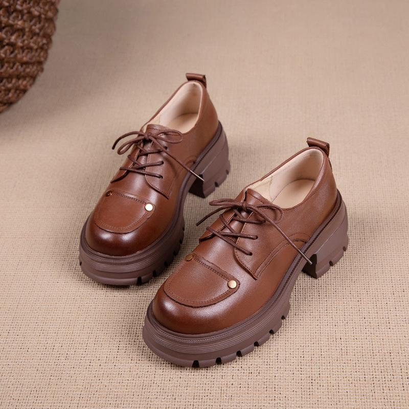 First layer cowhide loafers women's spring and autumn new leather foam muffin bottom lace-up thick-soled British style women's shoes