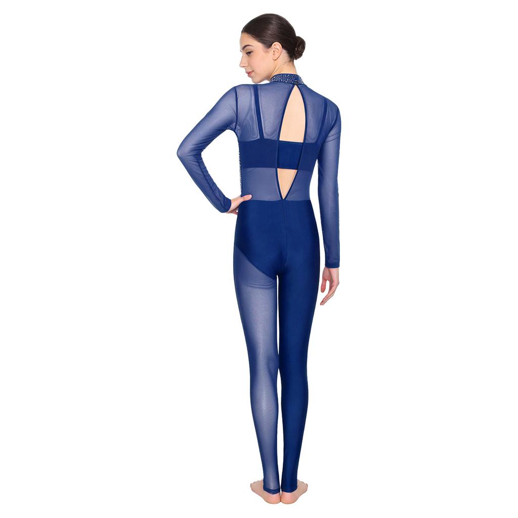 Womens Gymnastics Unitard Bodysuit Rhinestone Sheer Mesh Patchwork Cutout Back Full Body Jumpsuit Figure Skating Wear