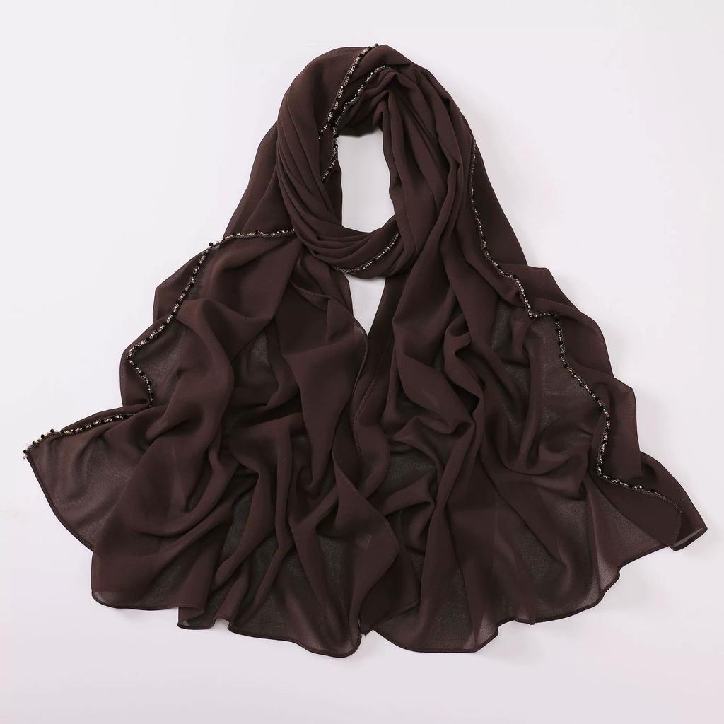 New Pearl Chiffon Hijab Scarf Copper Chain With Black Crystal Pearls Women Muslim Fashion Hijabs For Women Ramadan Turban Femme