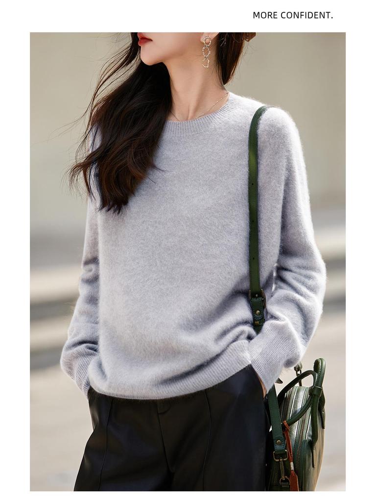 Women's Seamless Cashmere Wool Blend Crew Neck Sweater - Brushed Knit One-Piece Base Layer for Fall/Winter