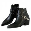 Fashion Genuine Leather Western Ankle Boots Women Fashion Rivet Belt Buckle Design Shoes Sexy Pointed Toe Square Heel Zipper Botas Mujer