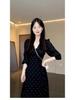 French Black V-Neck Polka Dot Long Sleeve Women's Dress, A-Line Slim Fit Cinched Waist, Spring/Autumn Style