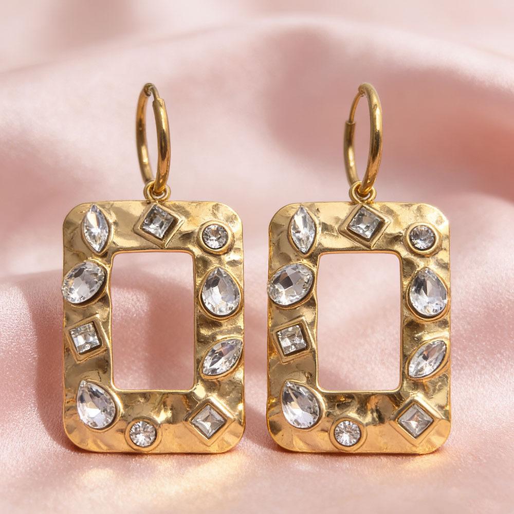 Geometric square diamond inlaid 304 stainless steel earrings, versatile, 18K gold, electroplated, non fading, exaggerated earrings 18K