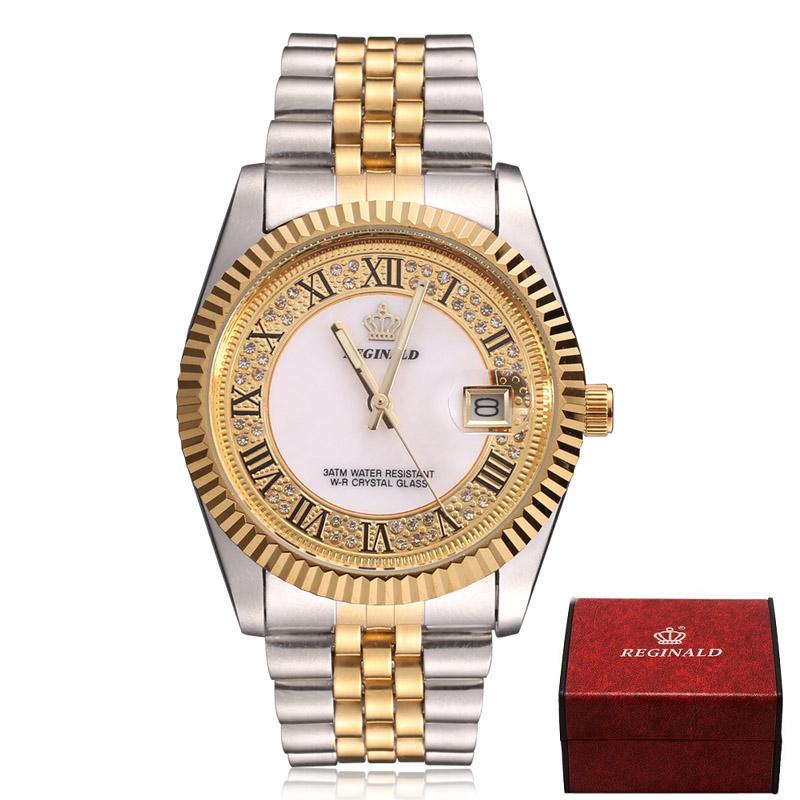 Original New REGINALD Quartz Watch Men 18k Yellow Gold Fluted Bezel Pearl Diamond Dial Full Stainless Steel Luminous Clock