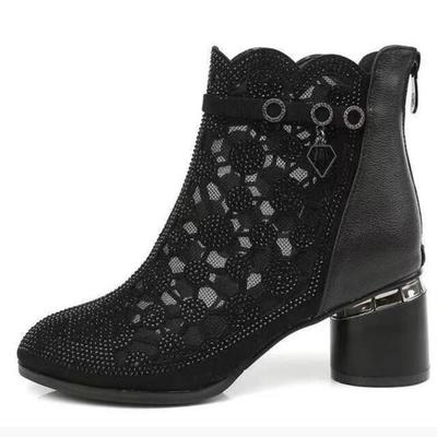 Große Mesh Cool Boots Damen im Frühling Sommer neue Damen Aushöhlen Mesh Mittel Absatz Dick Absatz Pailletten Stiefel C746