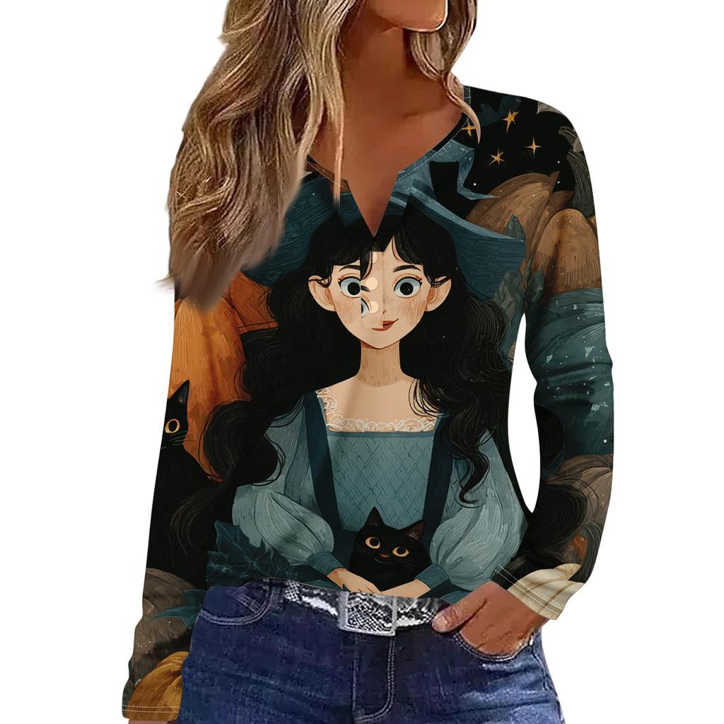 Women's Casual Long Sleeve V-Neck T-Shirt with Halloween Print and Decorative Buttons