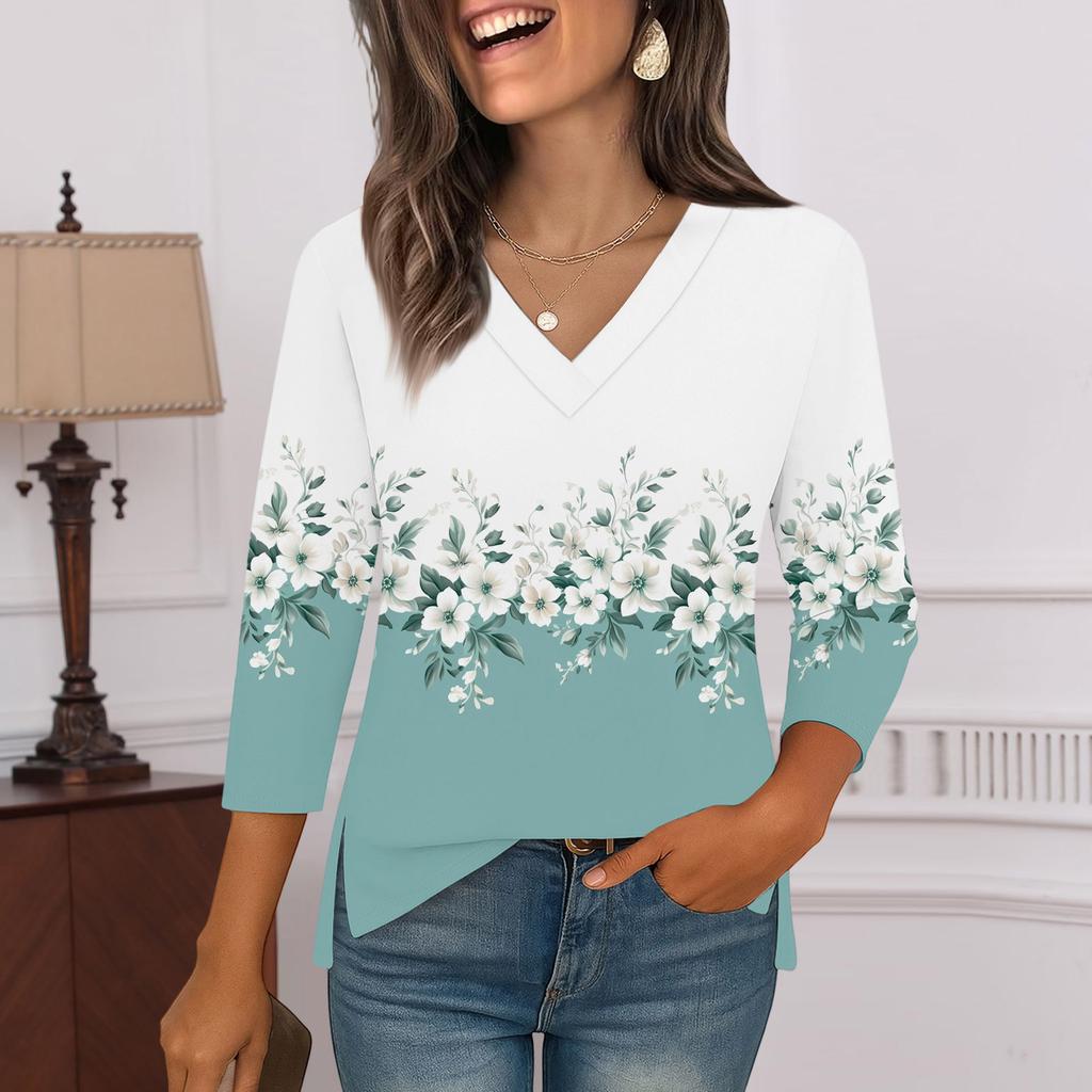 3/4 Sleeve Shirts For Women Print Graphic Tees Blouses Casual Plus Size Basic Tops Pullover