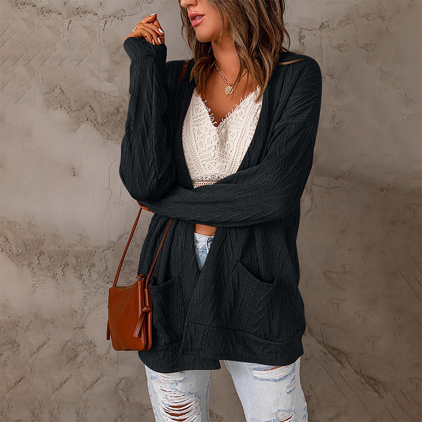 

Женская однотонная куртка с длинными рукавами, свободный шерстяной лоскутный вязаный кардиган с карманами XXL чёрный