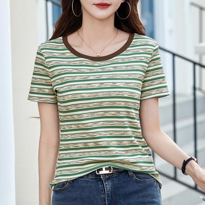 Women's Summer New Striped Short-sleeved Collision with Colourful Wildcard Round Neck Chic Blouse Slim Bottoming Casual T-shirt