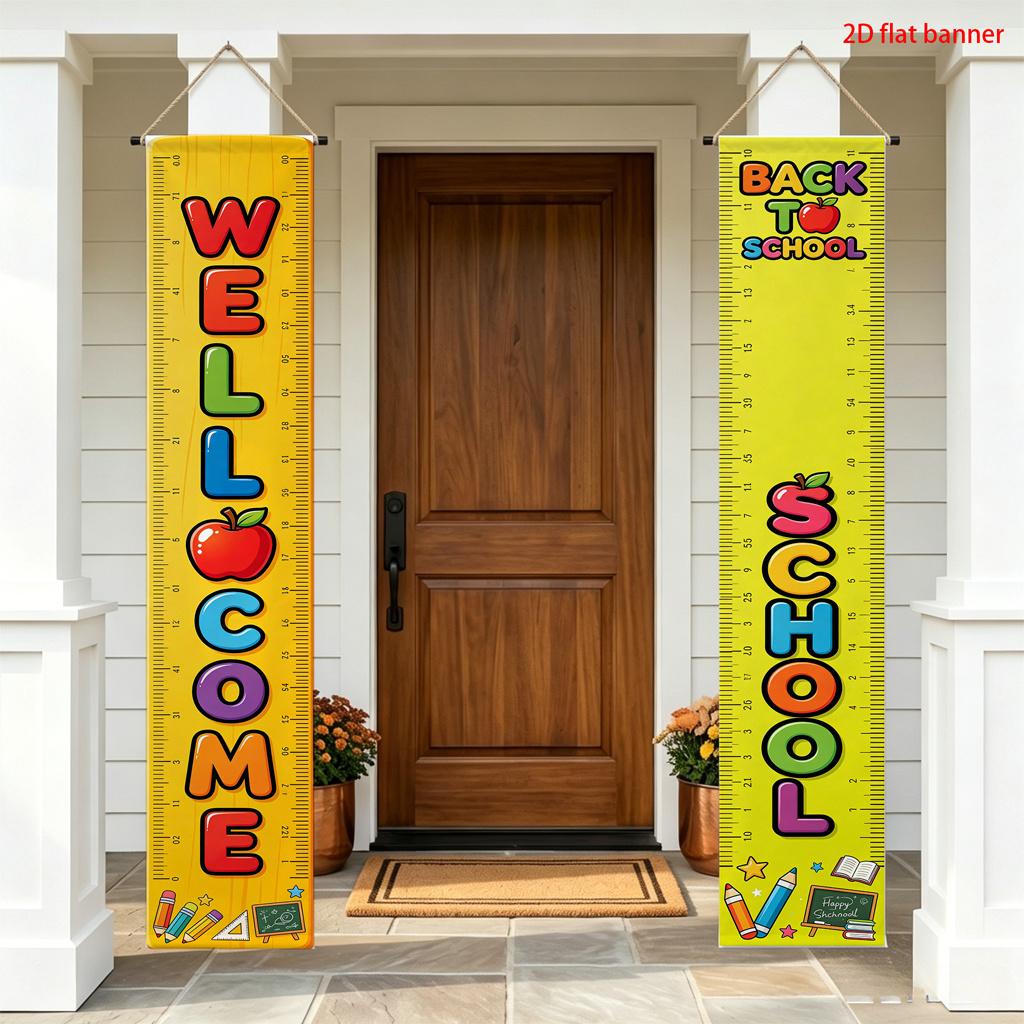 2D Flat, 2D Flat, 2D Flat Banner, 2pcs, Back-To-School Theme Polyester Couplets Door Side Hanging Banner, WELCOME BACK TO SCHOOL Porch Decoration, App