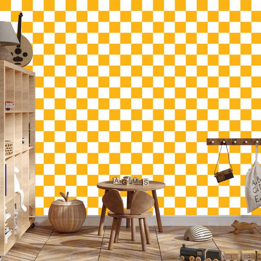 Checkerboard Wallpaper Gold, White and Cream for Living Room and Bedroom 50x1000