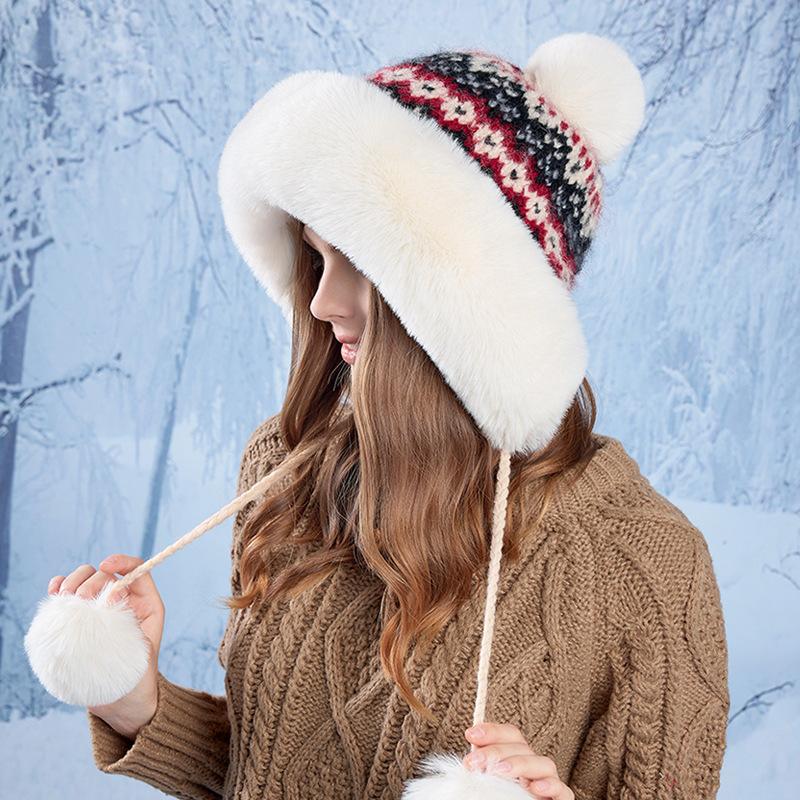 Women Autumn Winter Warm Thicken Ear Protector Knitted Hat Cold Velvet Hair Ball Outdoor Cycling Bomber Hat Sweet Cute Lei Feng Hat