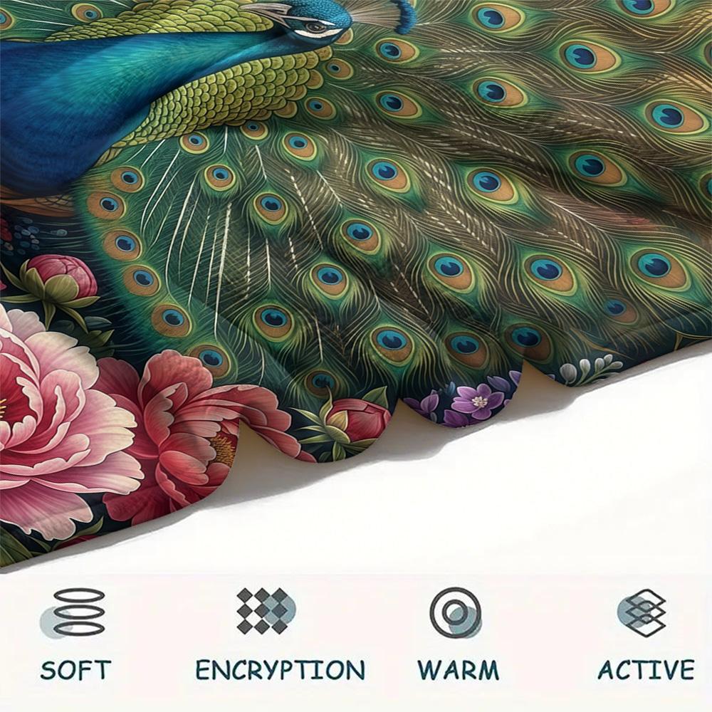 1PC Peacock and Peony Print FlAannel Blanket, High quality Comfortable for All Seasons, Home Decor, Warmth and Comfort