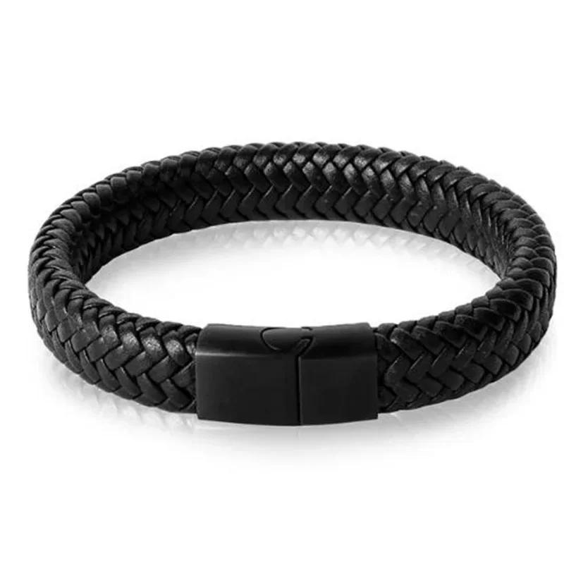 Vintage Handwoven Black Leather Bracelet with High Quality Metal Buckle Suitable for Men\'s Personalized Charm Wristband Jewelry