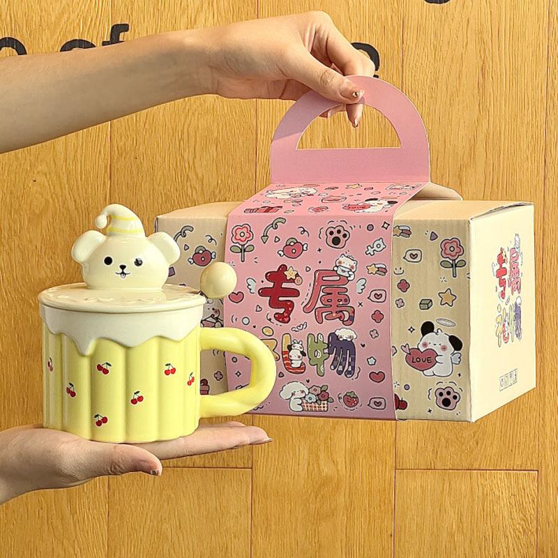 Cute cartoon yellow bear ceramic mug with lid spoon large capacity drinking cup birthday gift practical for girls
