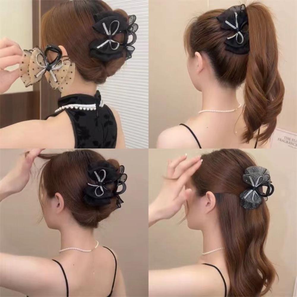 New Crystal Diamond Bow Hair Claw Clip Elegant Korean Rhinestone Shark Clip Hairpin Hair Clamp Hair Accessory for Women Pan Hair