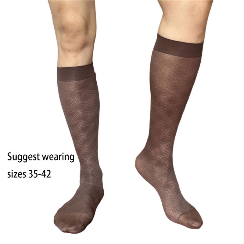 Men's Breathable Nylon Thin Dress Socks with Argyle Pattern Design Middle Calf Business Formal Socks Hosiery Gift