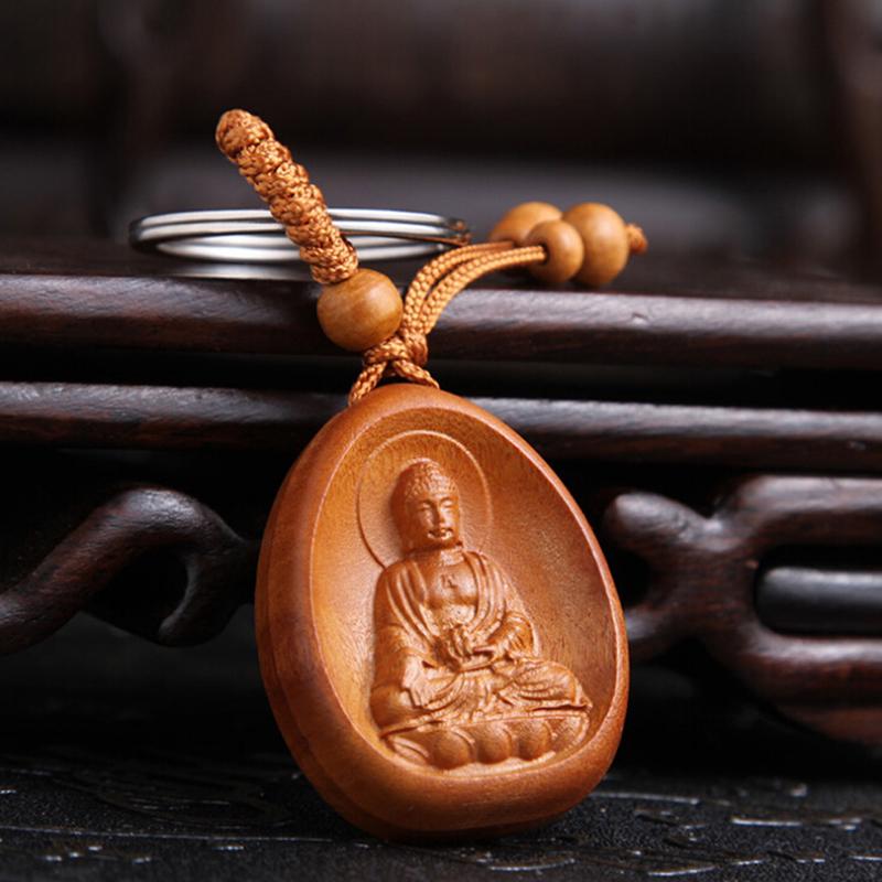 Lucky Jewelry Wood Carving Buckle Buddha Pendant Keychain Car Bag Keyring