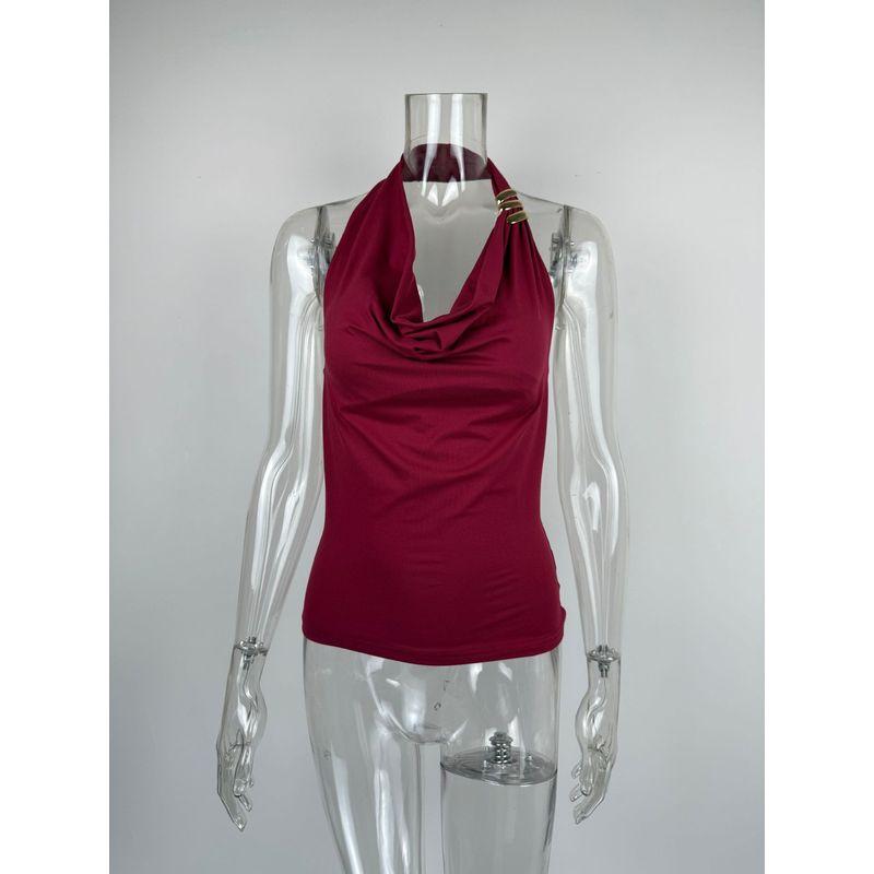 

Outfitgirl Minimalist Elegant Summer Halterneck Pockets Neckline Open Back Tops Outdoor All-Matching Casual Vest XS Burgundy M