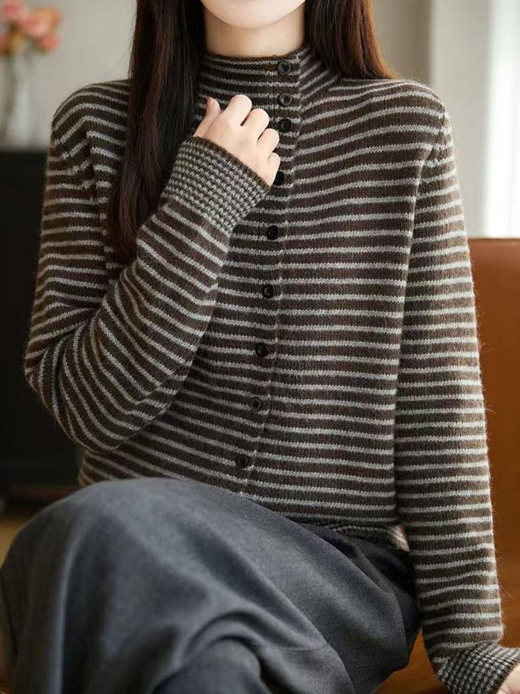 Striped Color Block Stand Collar Knit Cardigan - Women's Irregular Diagonal Placket Wool Sweater for Autumn/Winter.