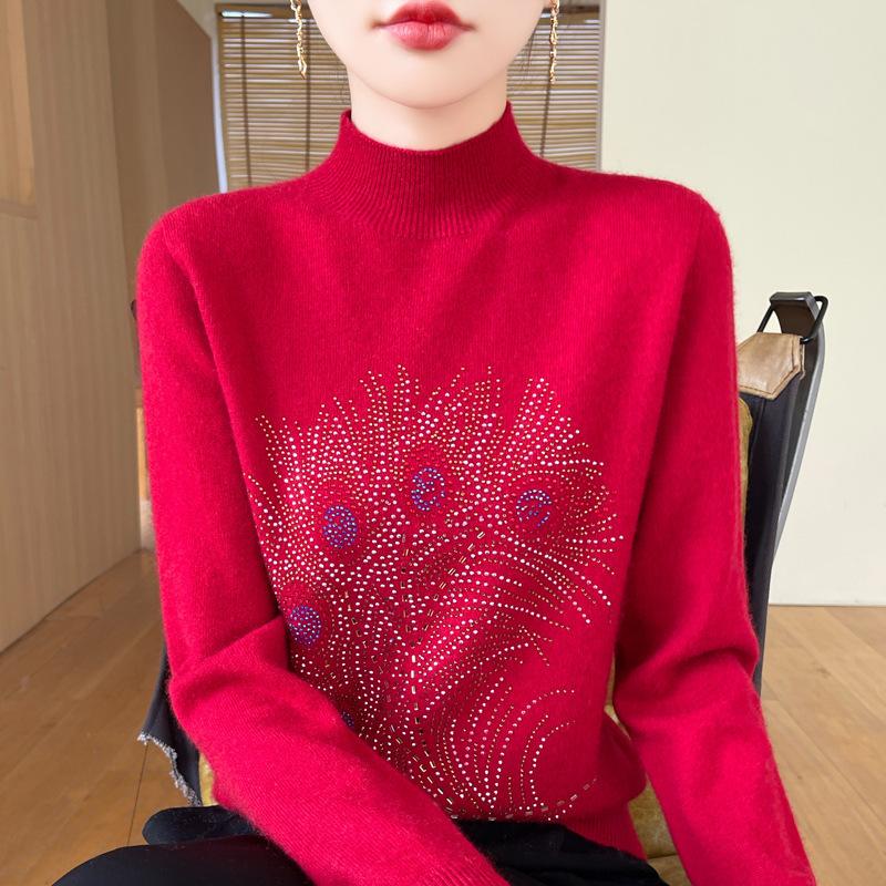 Autumn and Winter Pullover Sweater Women's Round Neck Knitted Bottoming Shirt Hot Drilling Slimming Sweater