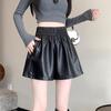 Women's PU Leather High-Waist A-Line Shorts - Slimming, Versatile, Wide-Leg, Korean Style for 2024 Autumn/Winter.