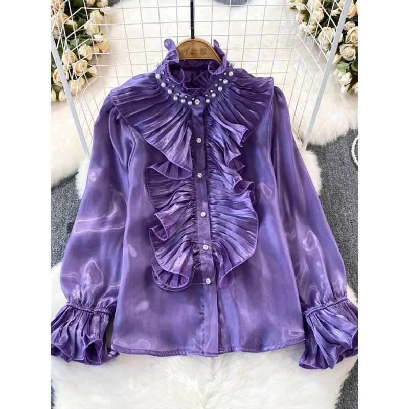 Lady Horn Long Sleeves Single-Breasted Glossy Casual Shirt