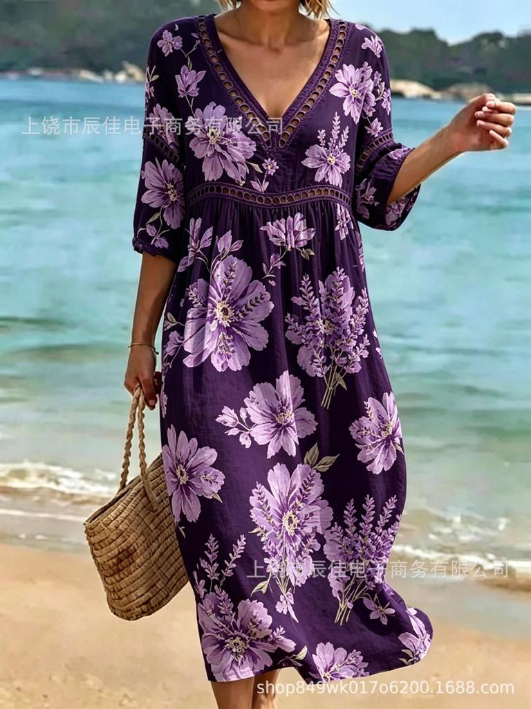 New Seaside Vacation Style V-neck Bohemian Print Loose Dress Vacation Dress
