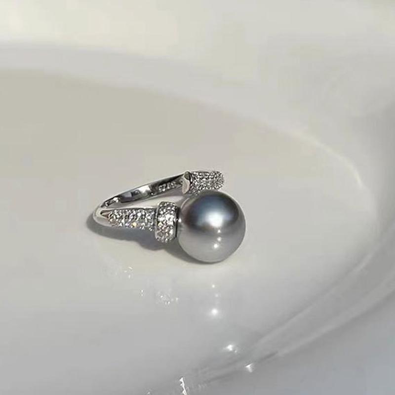 Genuine White Grey Pearl Open Ring for Women Wedding Zircon Sterling Silver Rings Fine Girl Birthday Gift