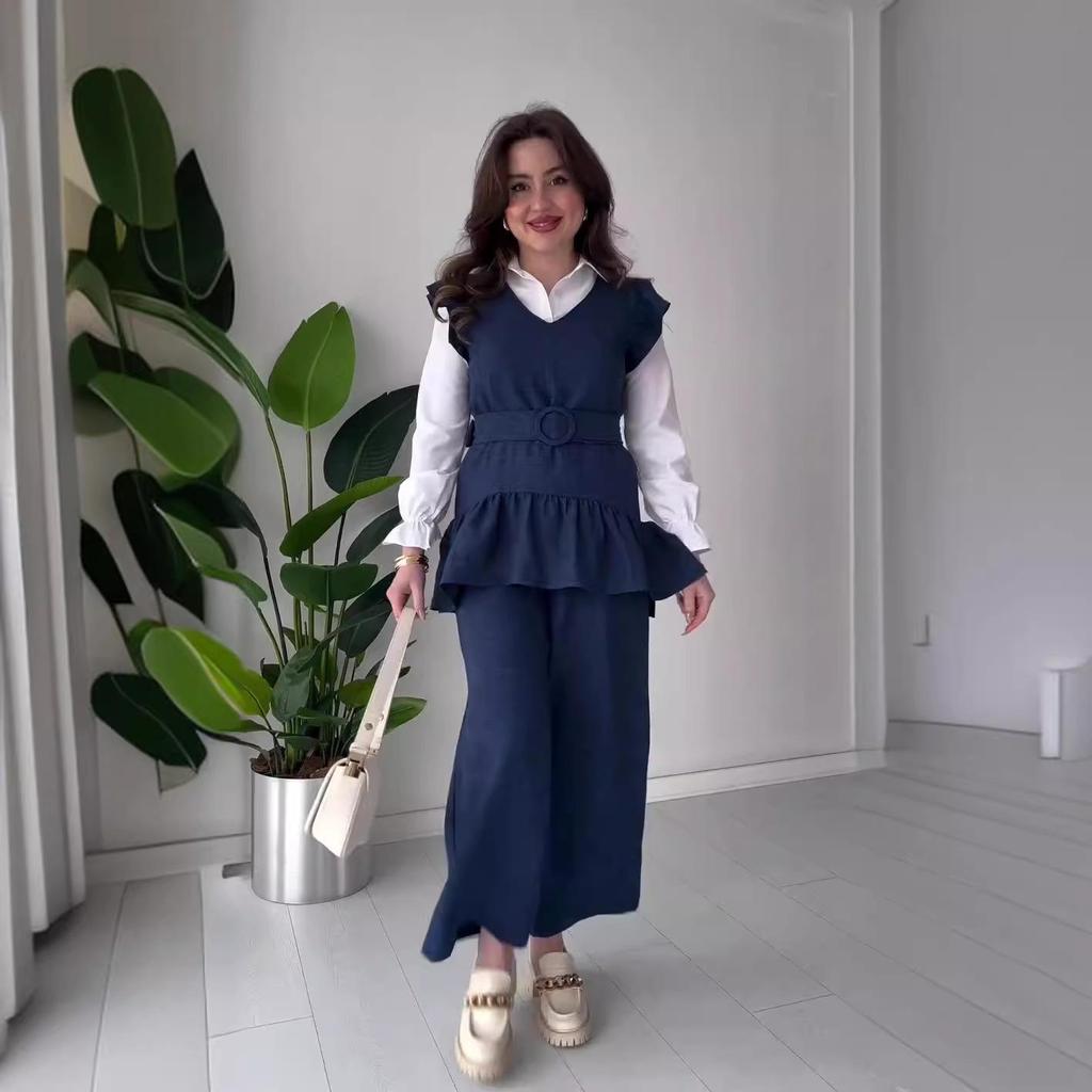 2024 Autumn Women's Solid Color Ruffle Sleeve Top & Wide Leg Pants Set