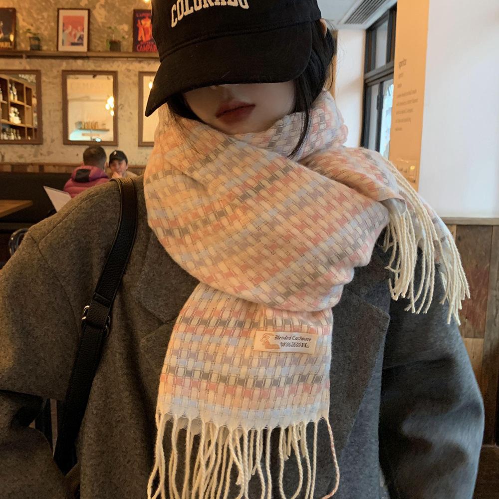 Rainbow Plaid Scarf for Women Winter Korean Version Sweet Soft Girl Student Versatile High End Scarf Thickened Warm Shawl