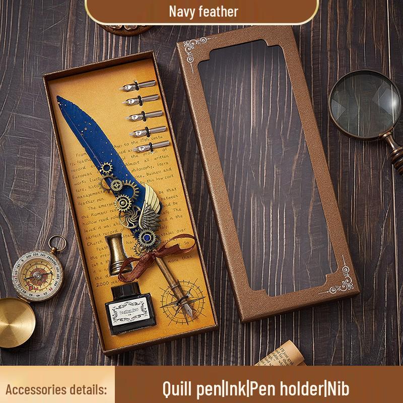 Europejski Steampunkowy Zestaw Pióra i Atramentu z Pieczęcią Woskową - Retro Pudełko Prezentowe na Fontannę na Urodziny