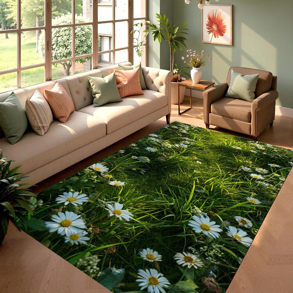 3D Grüner Rasen Bedruckter Teppich Gänseblümchen-Muster Wohnzimmerteppich Innenbereich Anti-Rutsch-Matte Schlafzimmerteppich Wohnzimmerteppich Heimdekoration