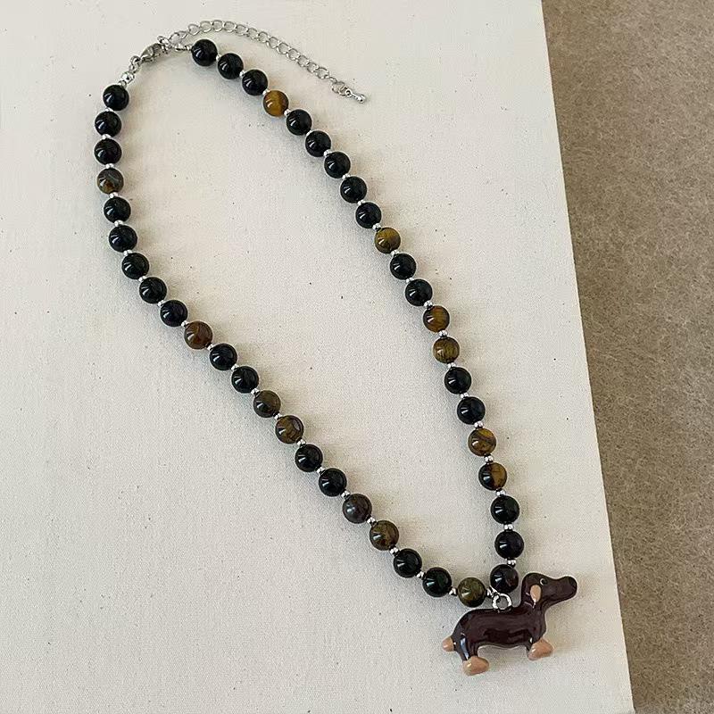 Dachshund Cartoon Pendant Necklace with Tiger Eye Beads - Cute, Elegant, and Versatile Choker for Women