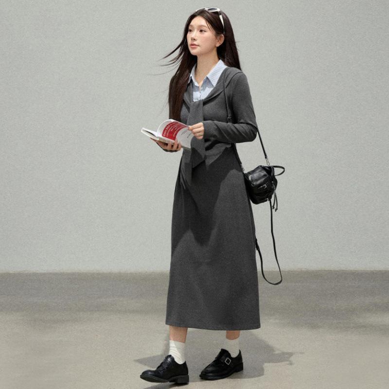 

2026 Spring Maternity Patchwork Two-Piece Shawl Dress: Flaw-Hiding, Waist-Cinching, Slimming Long Shirt XL сірий колір