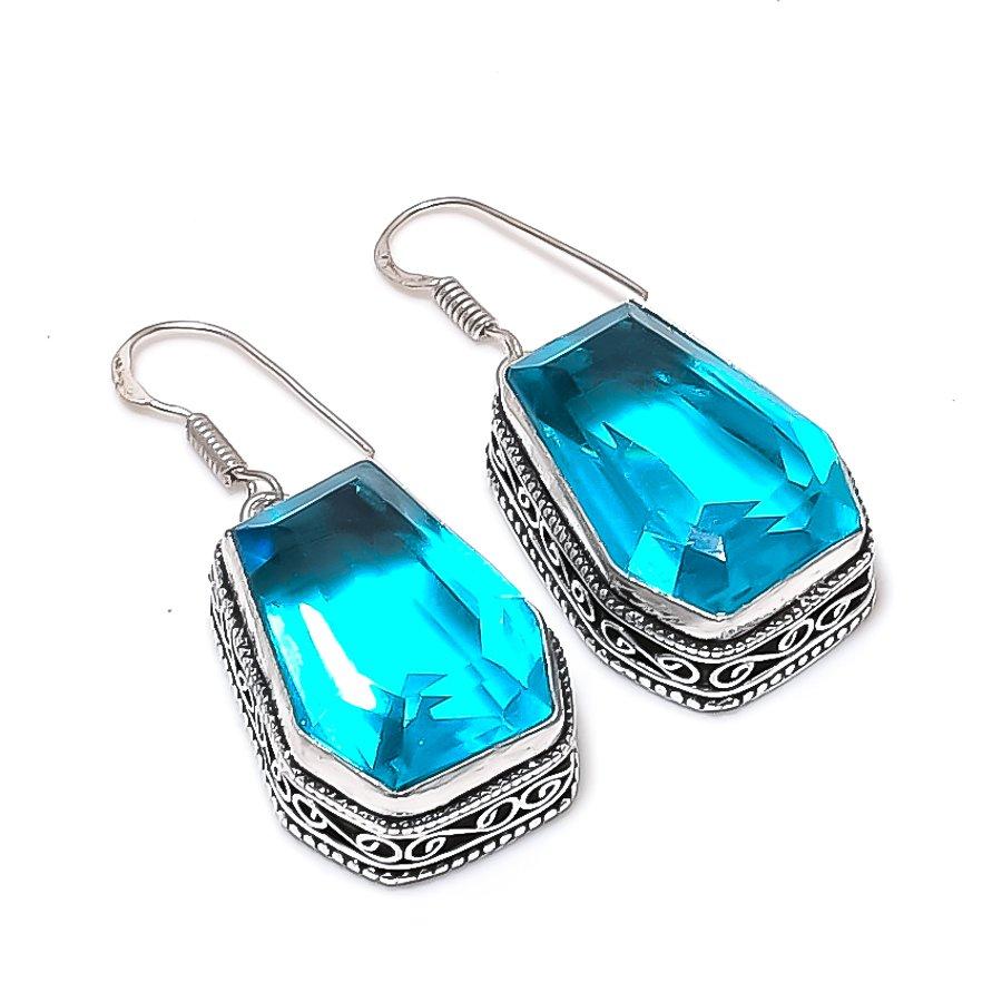 Natural Swiss Blue Topaz Gemstone 925 Sterling Silver Jewelry Earring 1.77  AE-11965