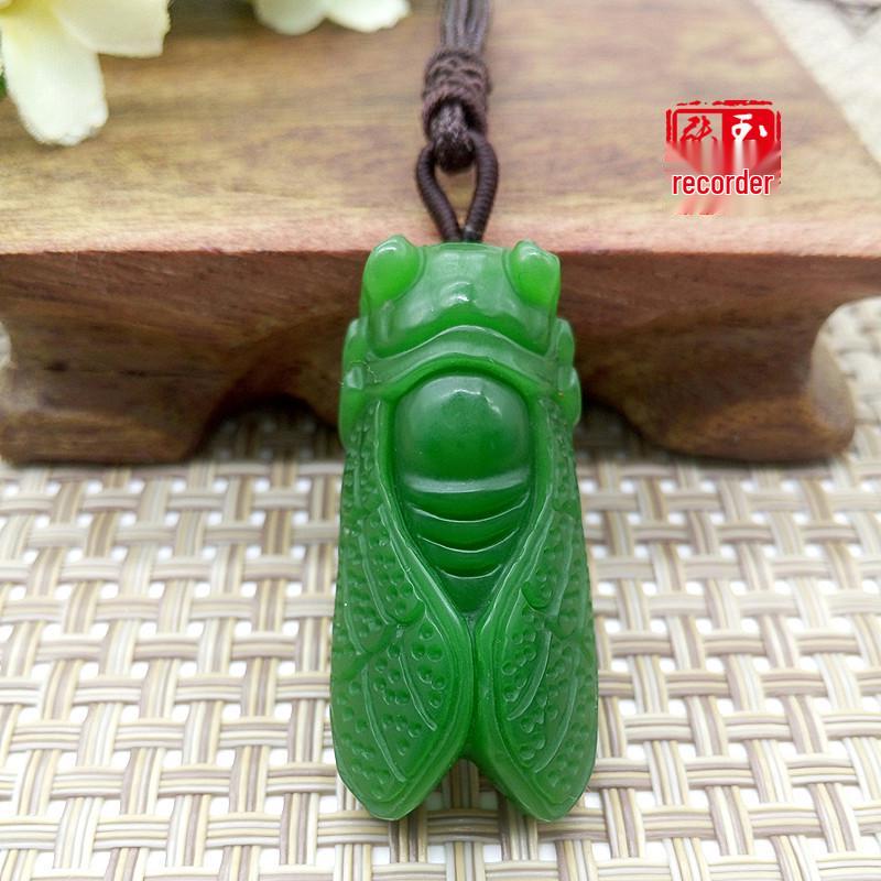 High-quality Xinjiang Hetian Jade Green Cicada Pendant in Outer Mongolian Spinach Green. 06-10 mm