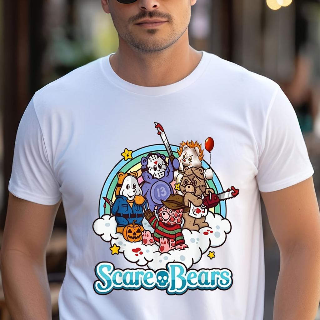 Scare Bears Halloween Party Scary T-Shirt Graphic Print Tee Shirt for Men Casual Short Sleeve T-shirt