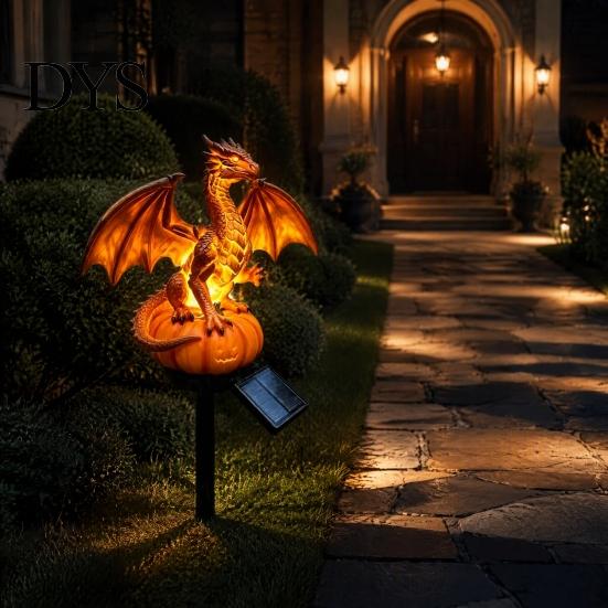 Solar Powered Outdoor Lights Gothic Garden Resin Dragon Statue Ground Stake, Figurine, Fantasy Decorative Lawn Accents for Halloween Statues