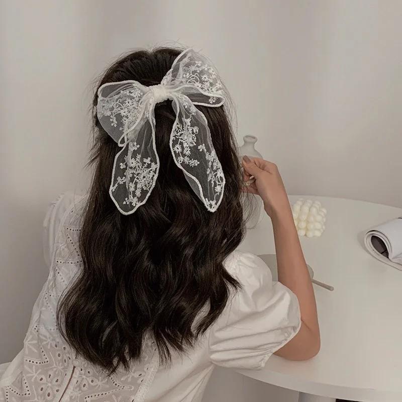 Fashion Solid Color Women Lace Hairclip Black White Bow Hair Barrettes Girl Gentle Fashion Ponytail Hairpin Accessories