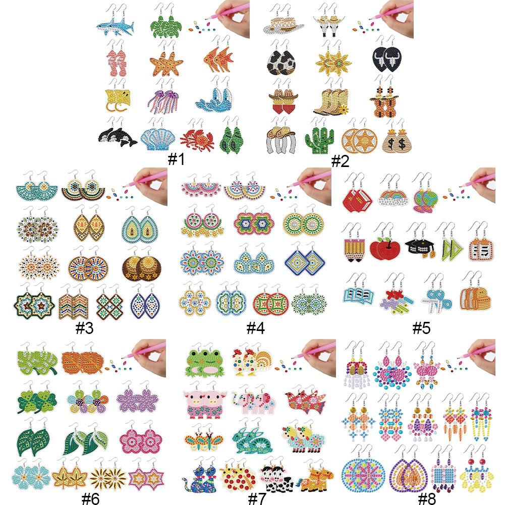 12 Pairs/DIY Diamond Art Earrings Double Side Drill Diamond Painting Earring Rhinestone Earrings Making Kit Women Handmade Gifts