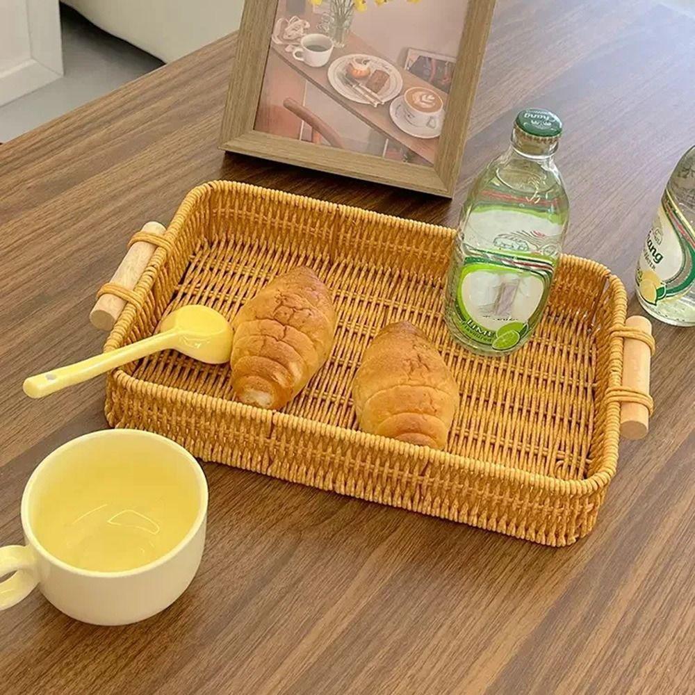 Wooden Handle Woven Rattan Basket Plastic Rattan Threads Woven Fruit Platter  Breakfast