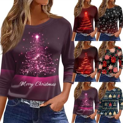 Women's T Shirt Christmas Print 3/4 Sleeve Daily Weekend Fashion Basic Round Neck Regular Top
