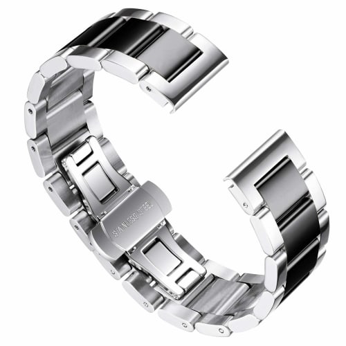 BINLUN Stainless Steel Watch Band Replacement Strap, Highly Polished Matte Brushed Finish Solid Strap (Polished Silver and Black, 16mm)