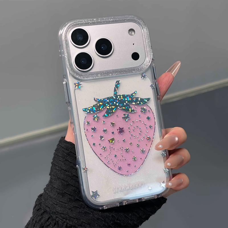 Glitter Shiny Pink Strawberry Hard Back Case For iPhone 13 14 15 16 17 Pro Max Ins Bling Stars Shockproof Phone Cover